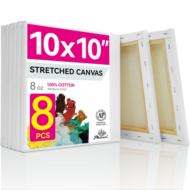 PHOENIX Square Canvas for Painting - 10x10 Inch/8 Value Pack, 8 Oz Triple Primed 5/8 Inch Profile 100% Cotton White Blank Canvas, Stretched Framed Canvas for Oil Acrylic - Image 1